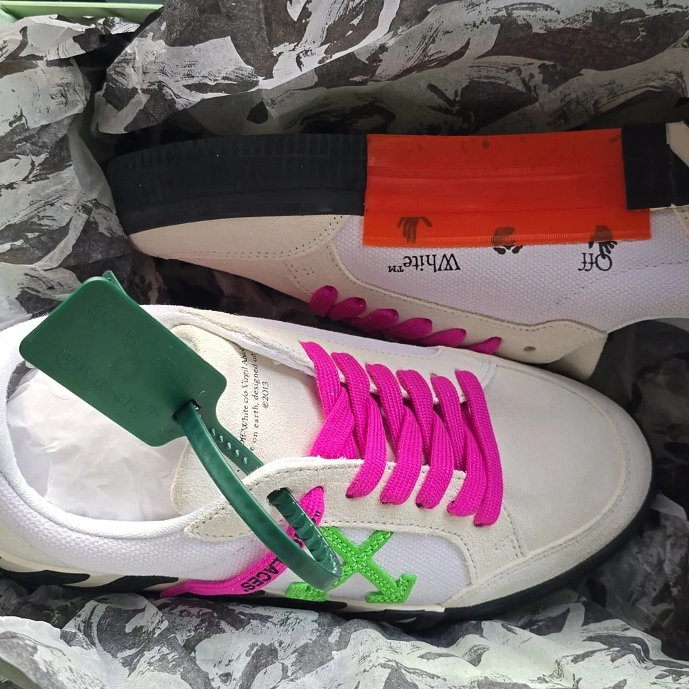 OFF WHITE, Low Vulcanized Sneaker, Men's, White/Magenta/Lime Green Canas & Suede - Picture 16 of 16
